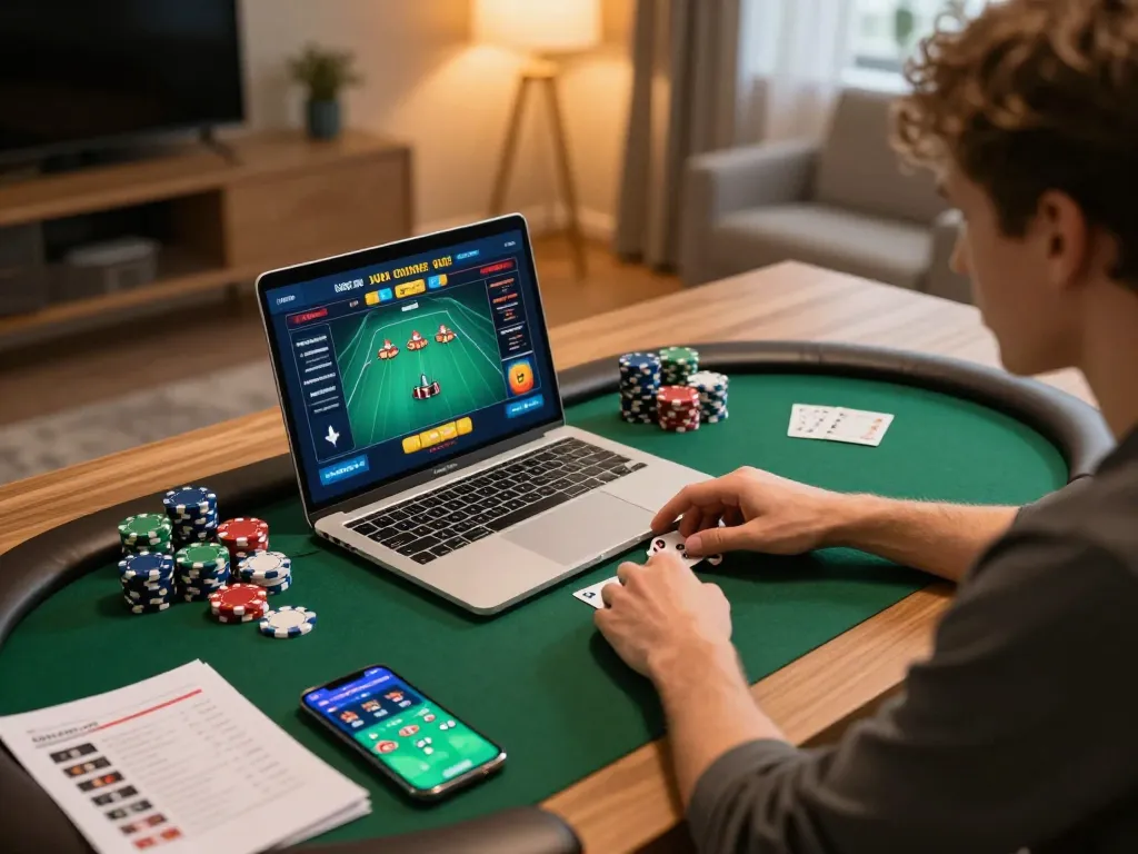 K8CC user strategizing poker gameplay on a laptop during an exciting online session.