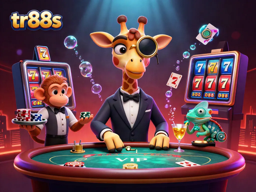 Play exciting games at tr88s with our dynamic casino scene featuring a themed giraffe, monkey, and chameleon.
