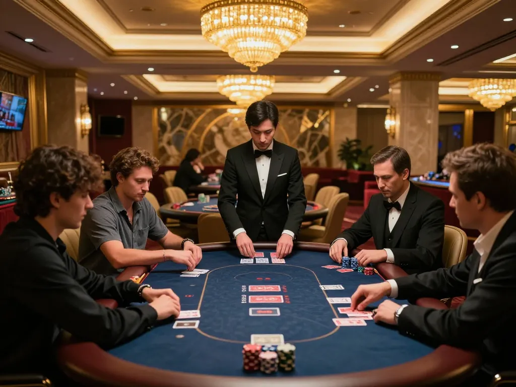 Sit at Sv368's elite poker table in a luxurious casino, engaging in high-stakes gameplay.