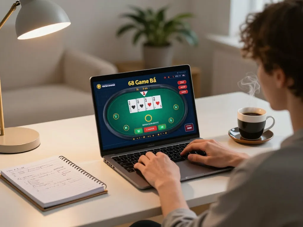 Play poker at 68gamebaivn with a cozy home setup, showcasing a laptop and strategy notes.
