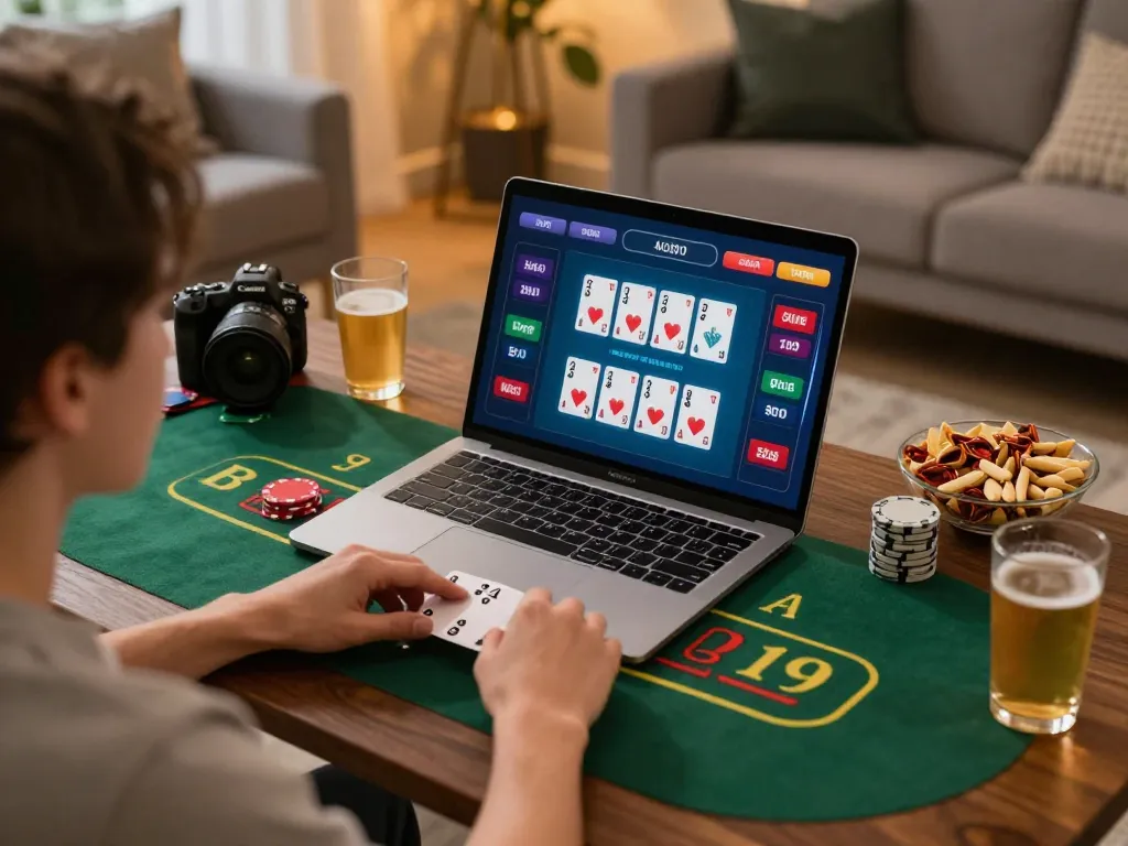 Player winning at blackjack on v788 online casino game in cozy home setting