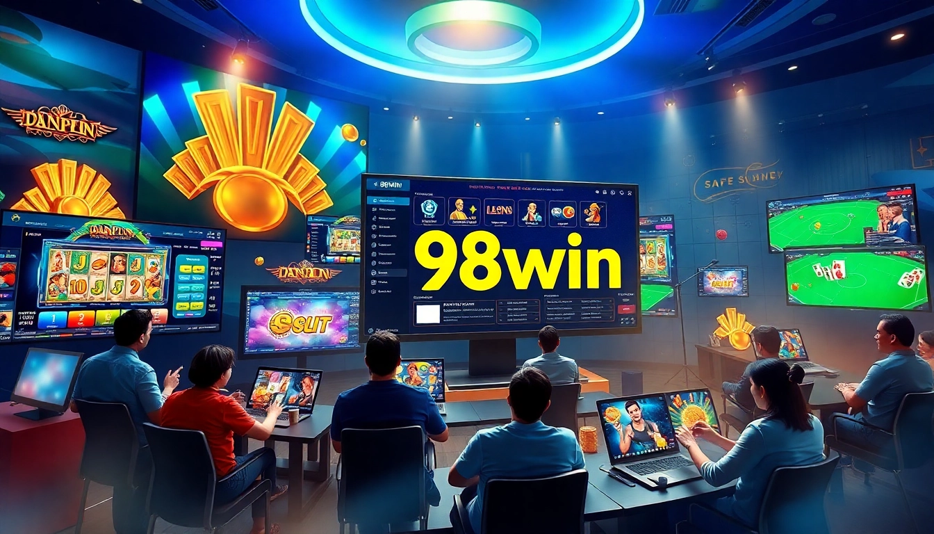 Experience thrilling online gaming with 98win's vibrant interface showcasing casino games, sports betting, and secure transactions.