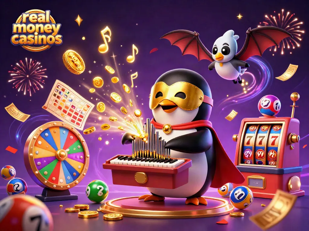 Experience real money casinos with vibrant games and lively characters in an engaging illustration.