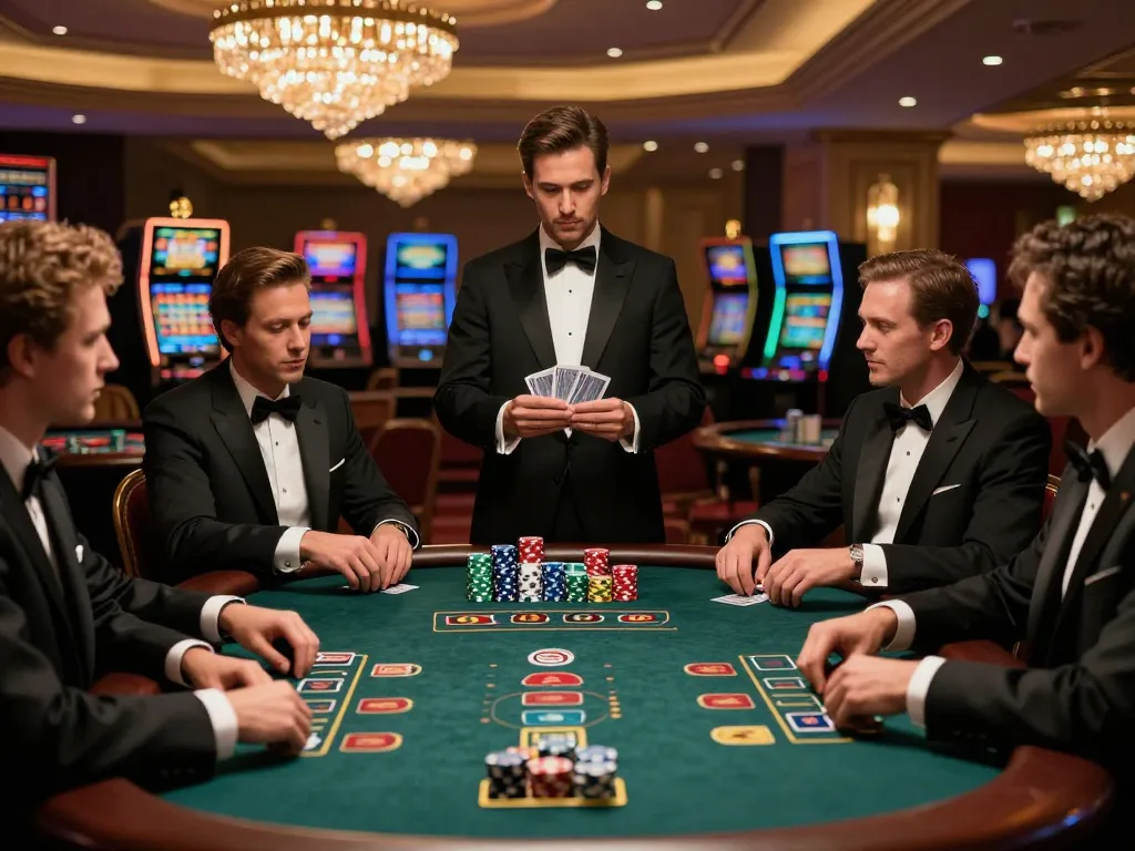 Hitclub blackjack players strategizing bets at a luxurious casino table.