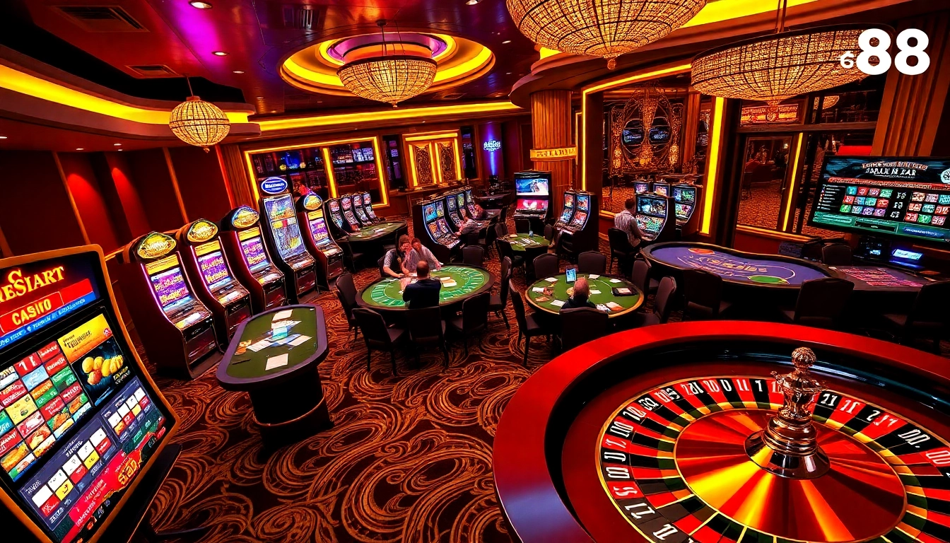 Exciting gambling experience at TG88 with vibrant slot machines and poker tables.