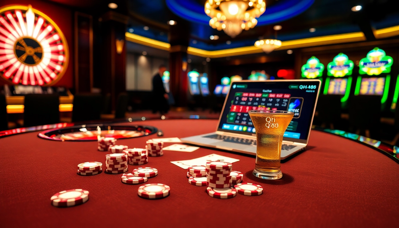 Engaging scene of gamblers enjoying qh88 at a vibrant casino table with poker chips.
