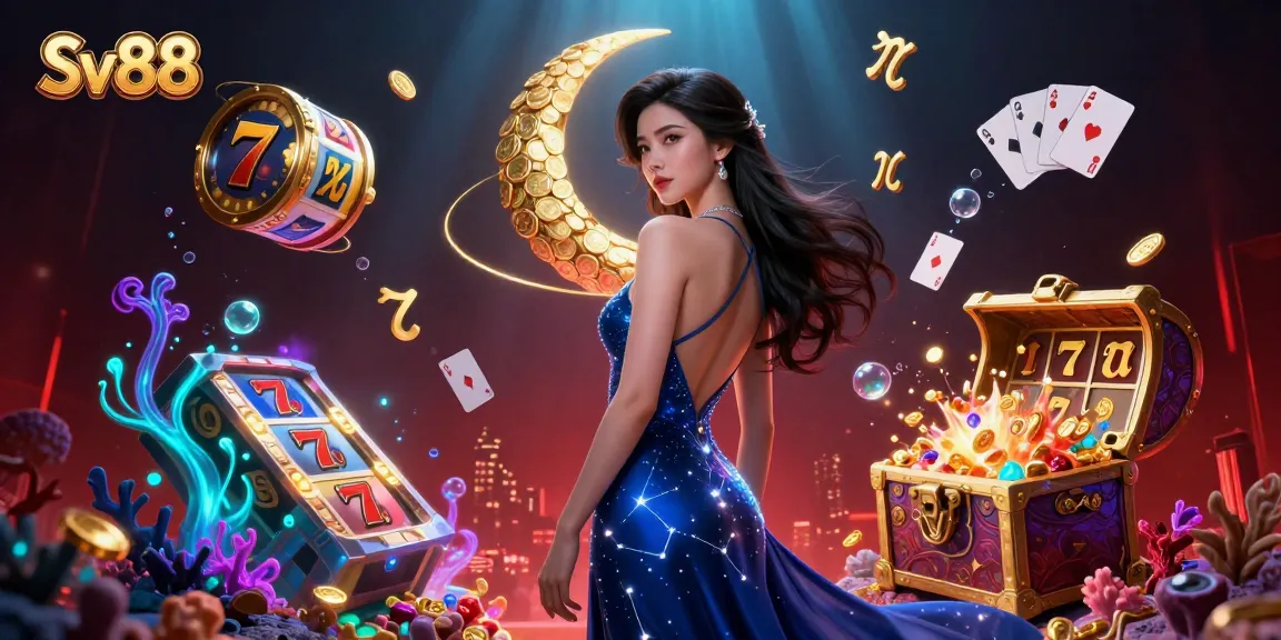 Engage with Sv88's vibrant gaming scene featuring an elegant Asian woman surrounded by slot machines and golden coins.
