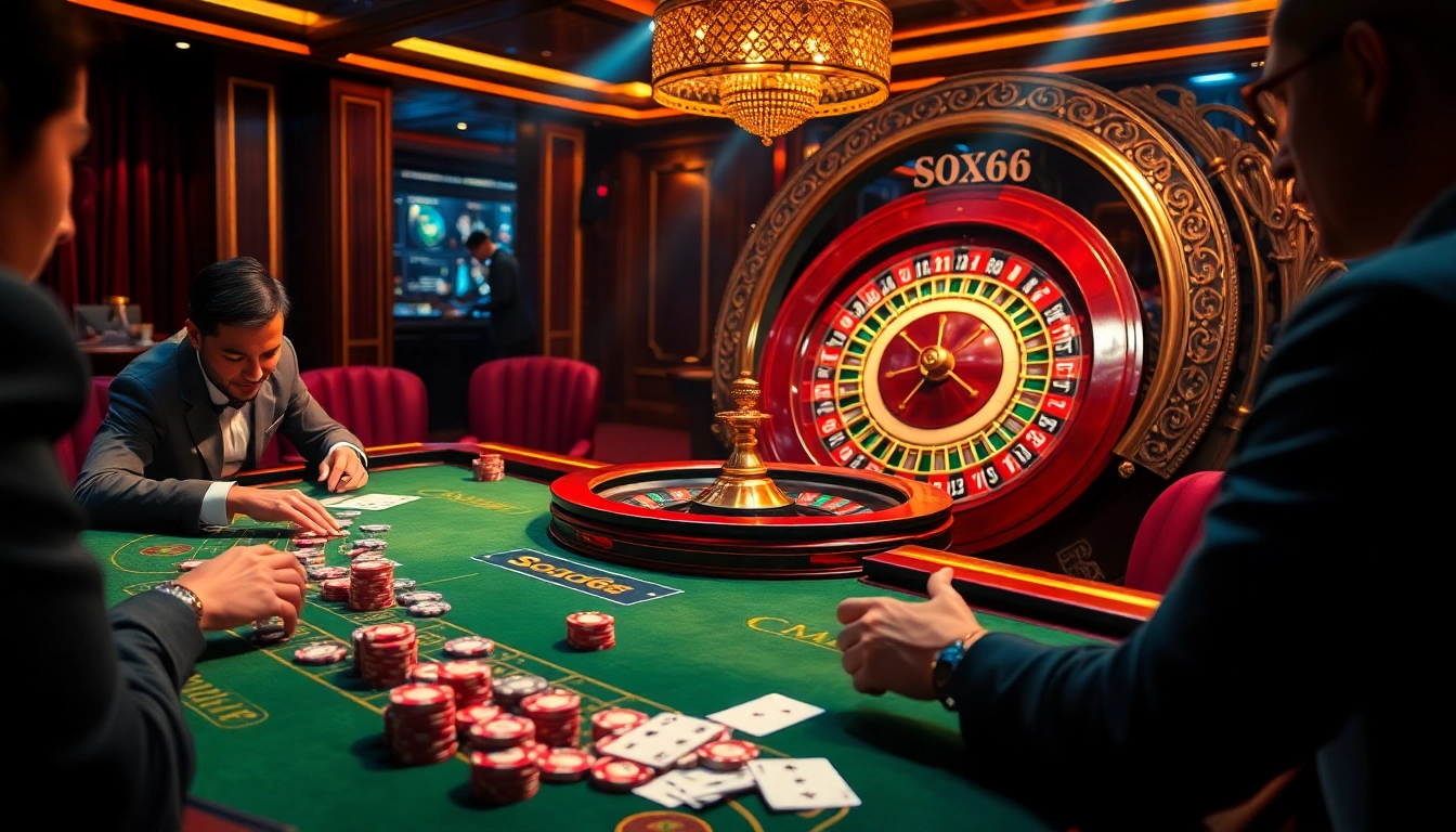 SODO66 players enjoying engaging casino games at a luxurious gaming table with roulette.