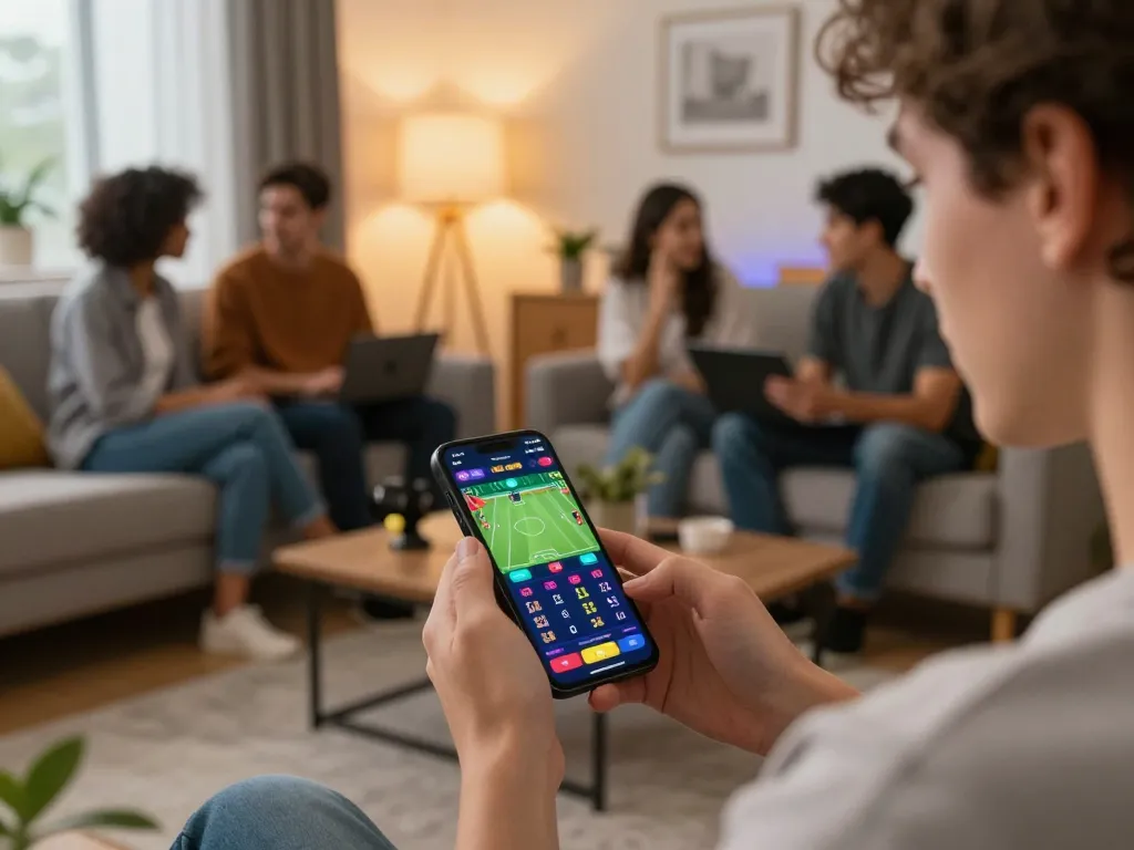 Engaging in sports betting through 789Win com app on smartphone while enjoying a social home atmosphere.