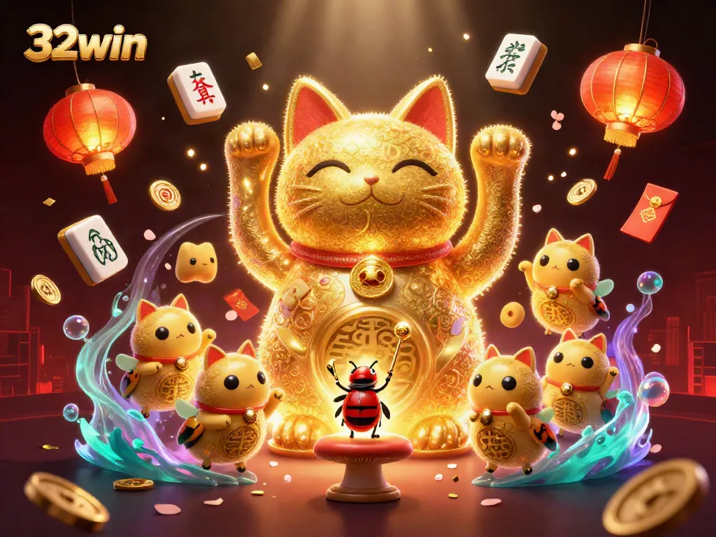 Experience the vibrant world of 32win with a spectacular lucky cat and casino symbols.