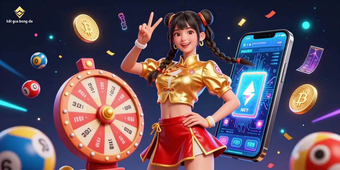Experience kết quả bóng đá with vibrant visuals of an Asian woman in a dynamic casino scene with crypto elements and colorful lottery balls.