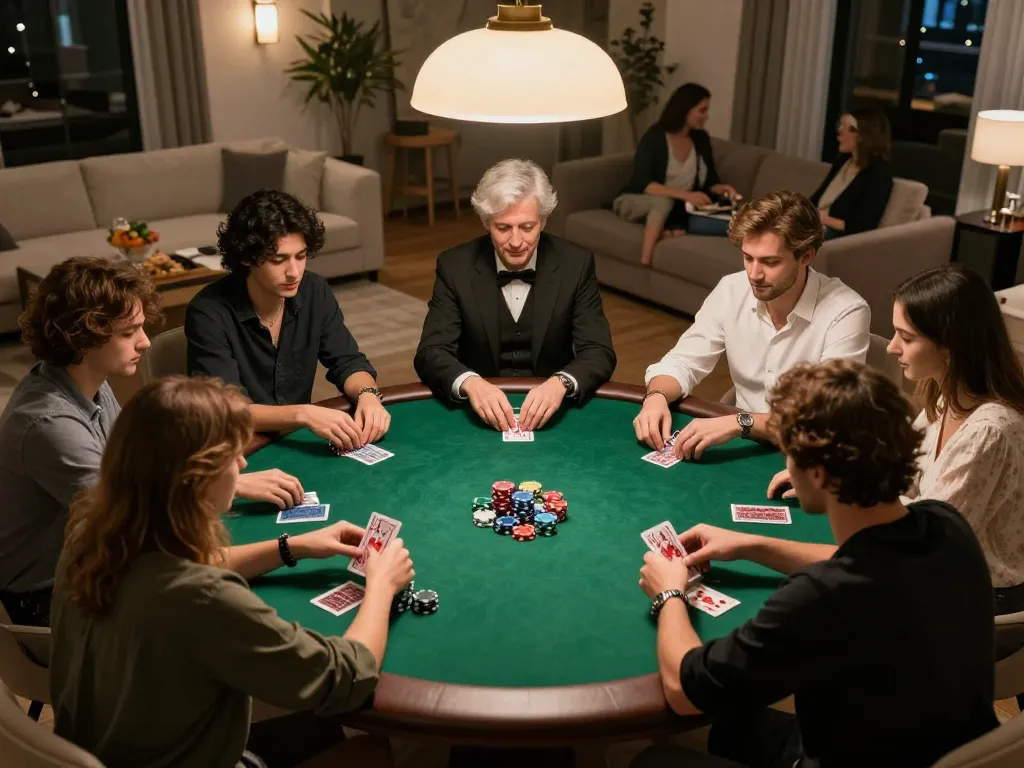 Players enjoying a friendly poker game at home, highlighting nhà cái jun88's engaging atmosphere and quality.