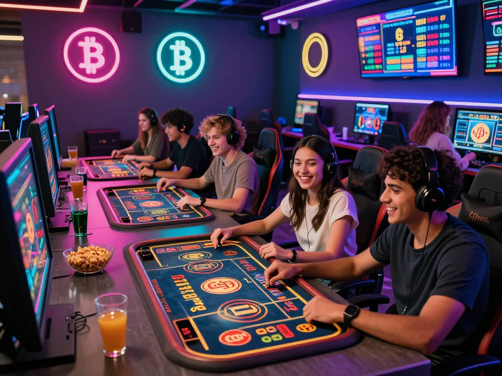 Young diverse friends enjoying games at a vibrant crypto casino with digital terminals and neon lights.