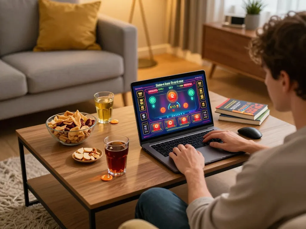 KUBET player enjoying online gaming experience on a laptop, surrounded by cozy home setup and strategy notes.