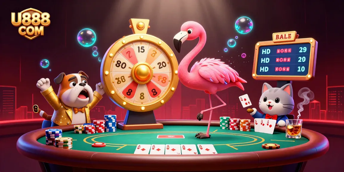 Spin the golden prize wheel with U888 COM at a vibrant casino scene featuring game characters and rich elements.