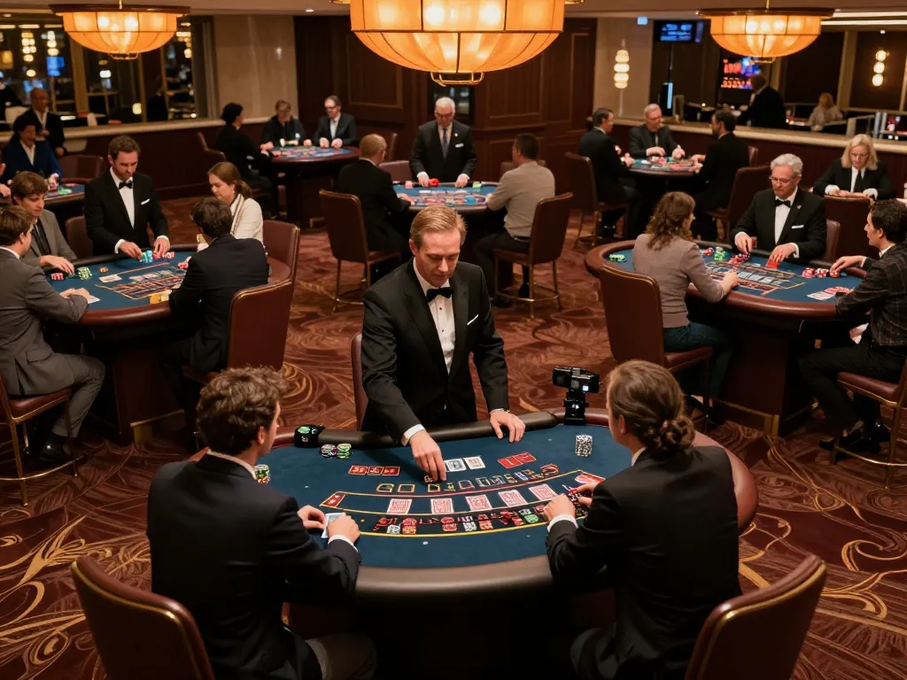 Engaging scene at https://kjc365.com/ now featuring players at blackjack and roulette tables in a luxurious casino