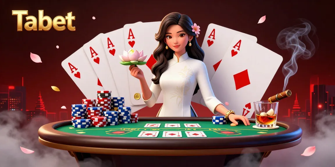 Tabet casino image showcasing an elegant Asian woman in a poker setting, filled with chips and vibrant game elements.