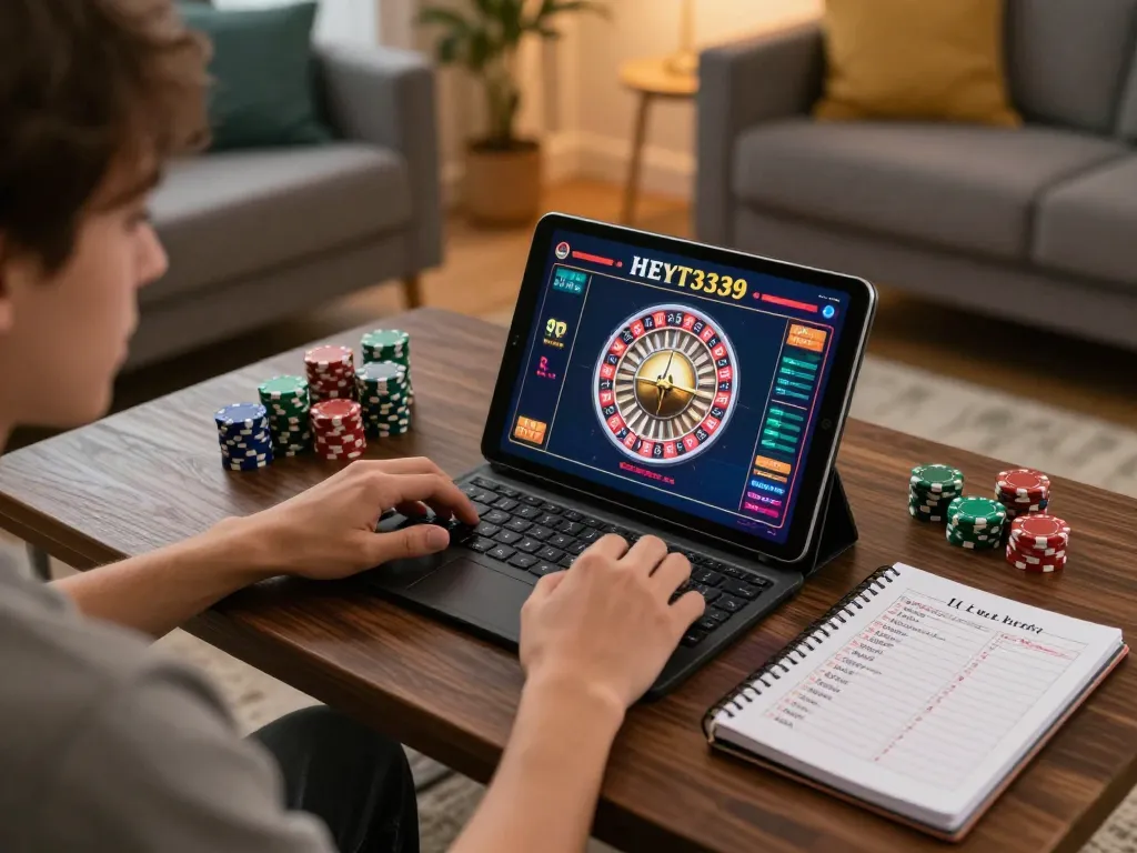 Engaging in a strategic online casino game at hytw3339, with a tablet displaying roulette.