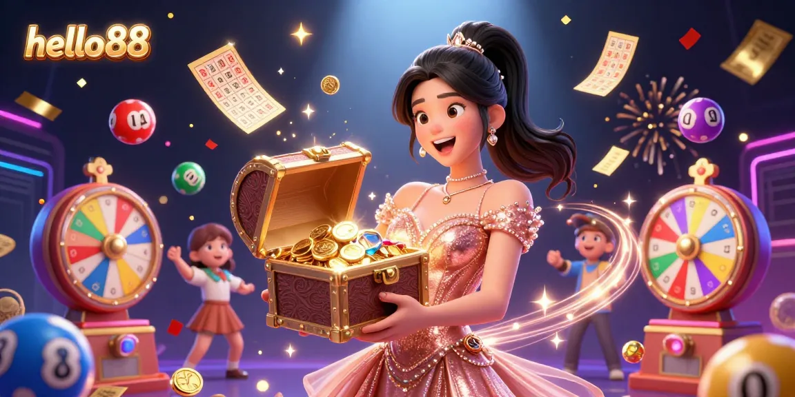 Experience thrilling gaming moments with hello88 as a stunning woman presents treasures in an exciting casino scene.