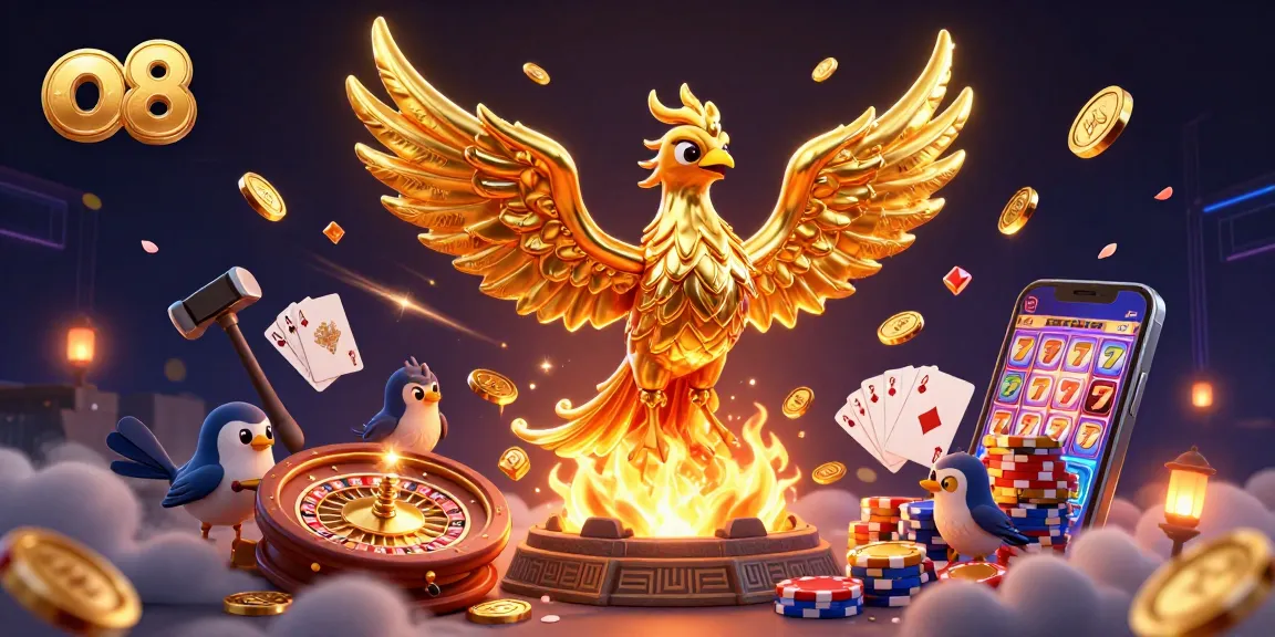 Experience thrilling wins at o8 with a captivating 3D casino illustration featuring golden phoenix and dynamic gameplay elements.