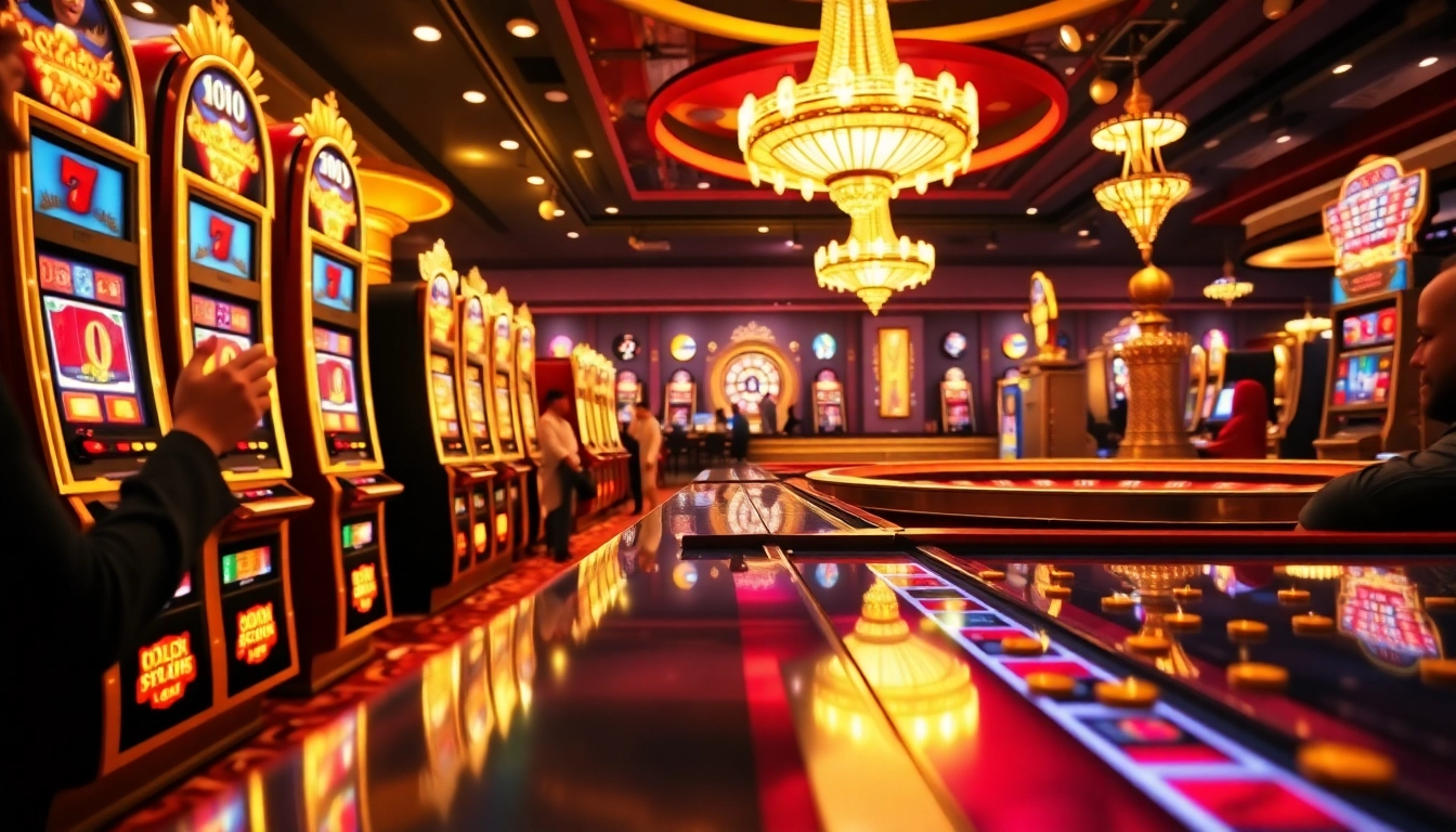 Exciting scene of nổ hũ slot machines in a luxurious casino, showcasing players immersed in the gambling thrill.