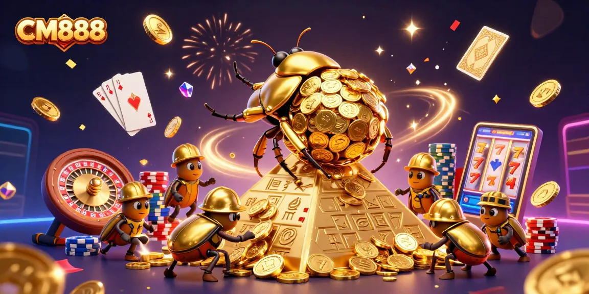Engage with CM888's vibrant casino world featuring golden beetles and dynamic game elements.