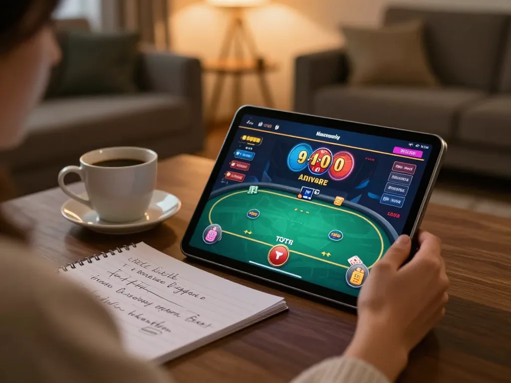 Engaging in online poker at trang chủ lv88 on a cozy tablet setup, showcasing responsible gaming.