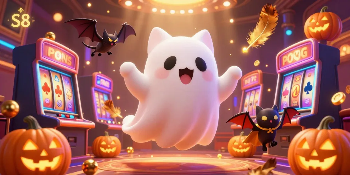 S8 Casino Adventure: A ghost cat and bat encounter glowing slot machines in a festive gambling scene.