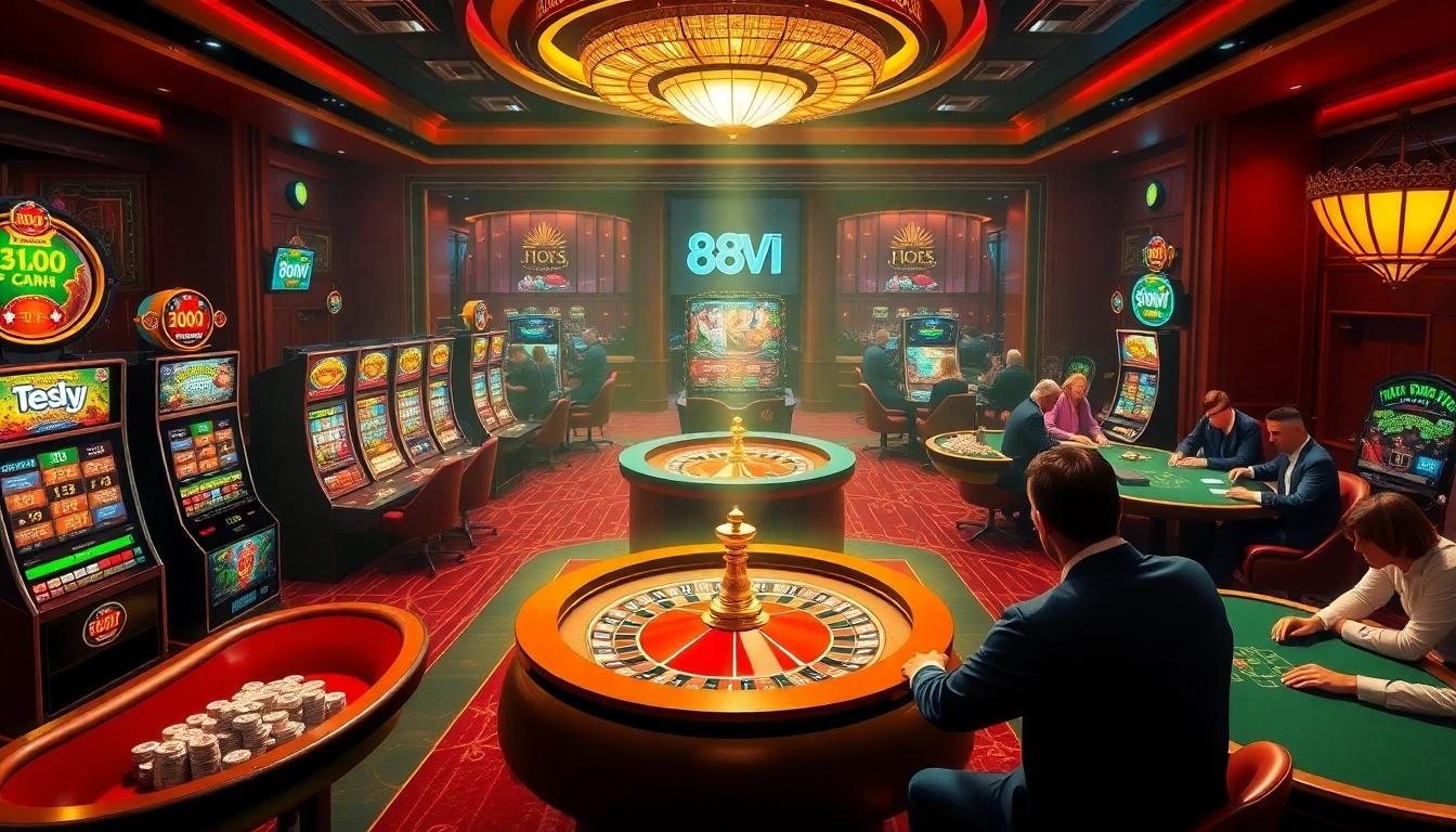Experience high-stakes gaming with 888VI, featuring vibrant slot machines and lively poker tables.