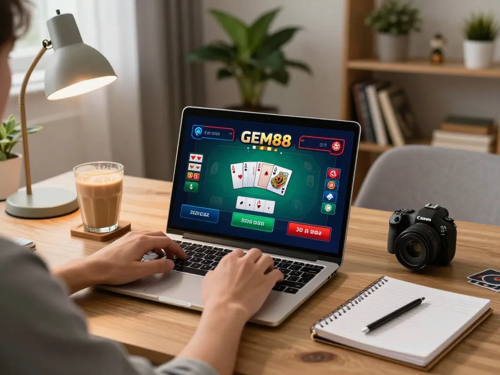 Play GEM88 on a laptop showing poker strategies in a cozy home gaming setup.