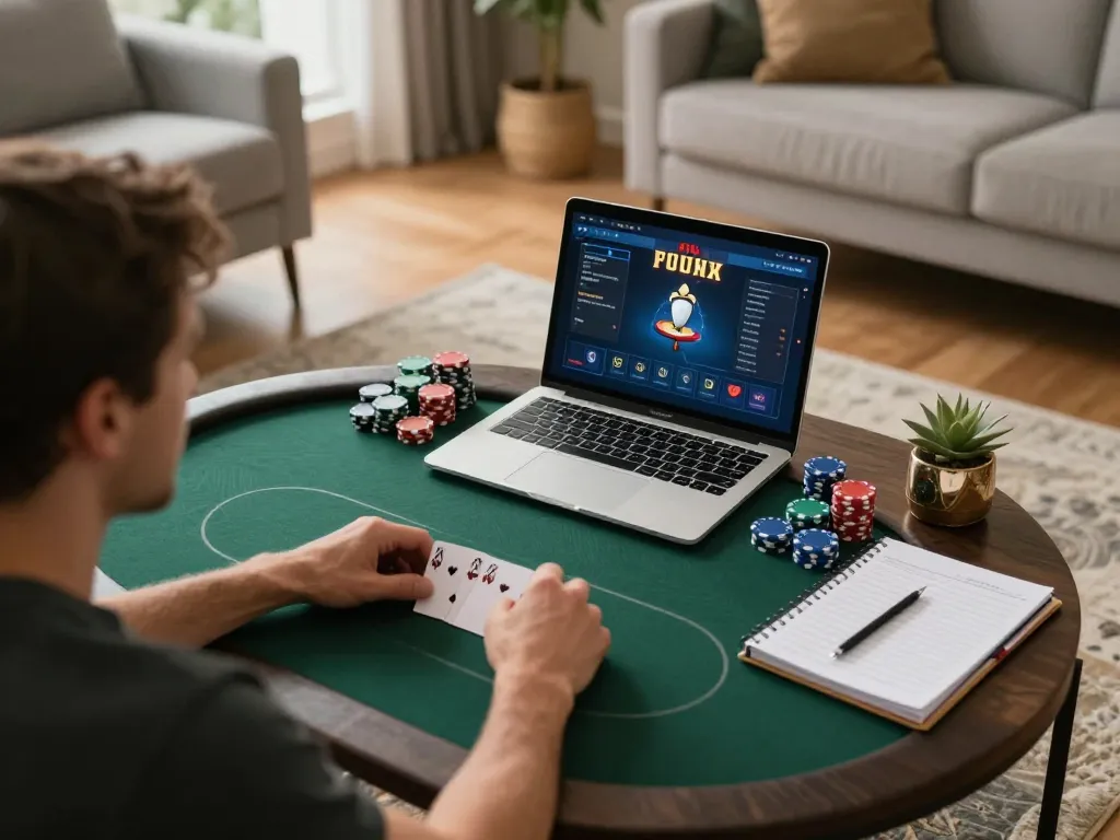 78WIN player strategizing with poker game interface at home, showcasing engaging online gambling