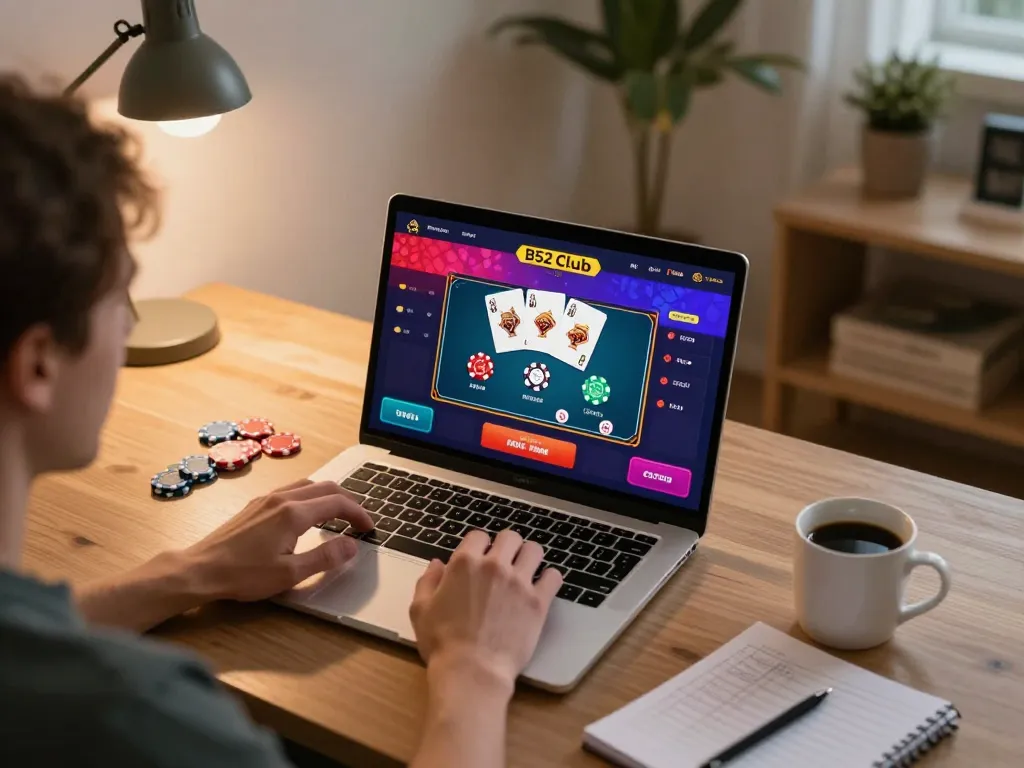 Engaging in strategic gameplay at B52 Club, showcasing poker cards on a laptop screen