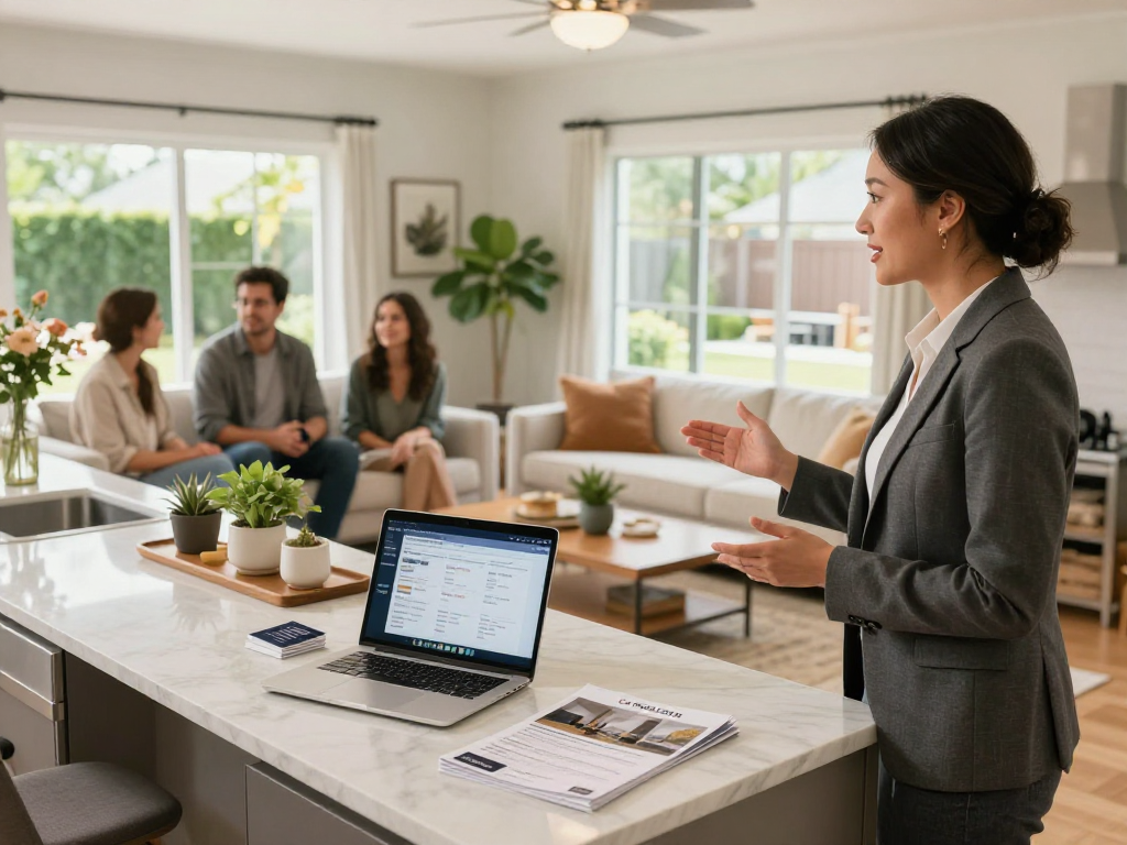 IDXSTAR real estate agent presenting elegant properties during an open house with inviting decor
