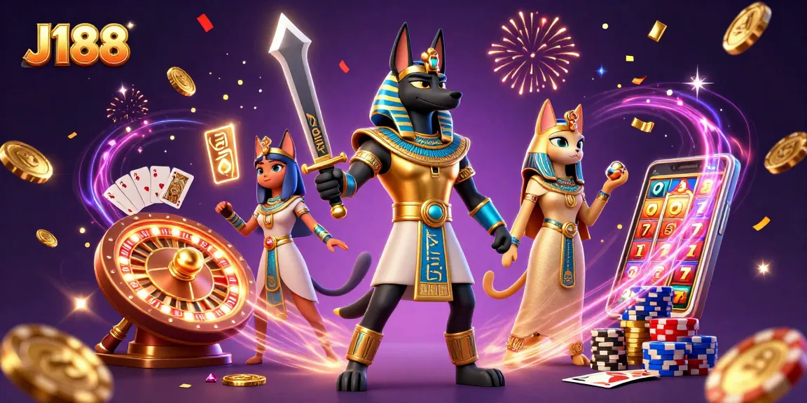 Win big at J188 with a dynamic gambling scene filled with Egyptian warriors and casino elements.