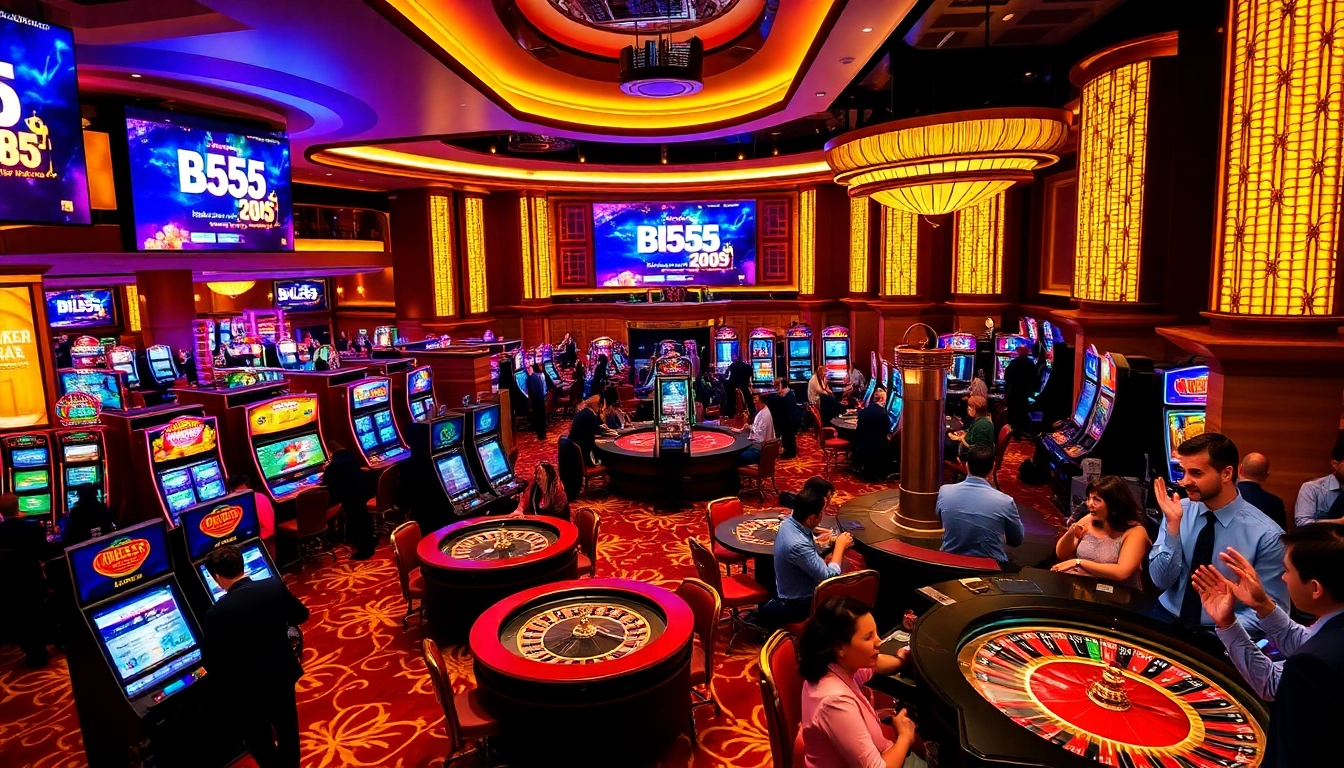 Engaging scene showcasing Bl555 casino excitement with players at slot machines and poker tables.