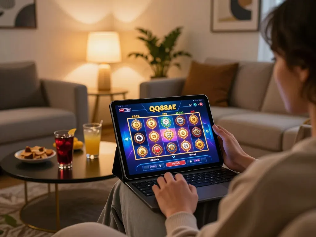 Player enjoying QQ88AE casino app on tablet, showcasing vibrant slot game interface in a cozy home setup
