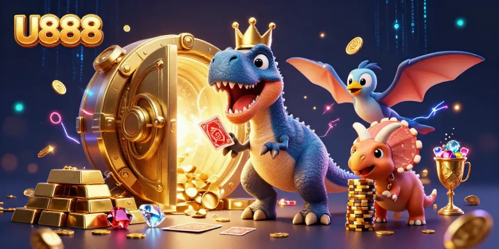 Engaging U888 casino scene with a T-Rex, pterodactyl, and triceratops, surrounded by treasures and casino elements.
