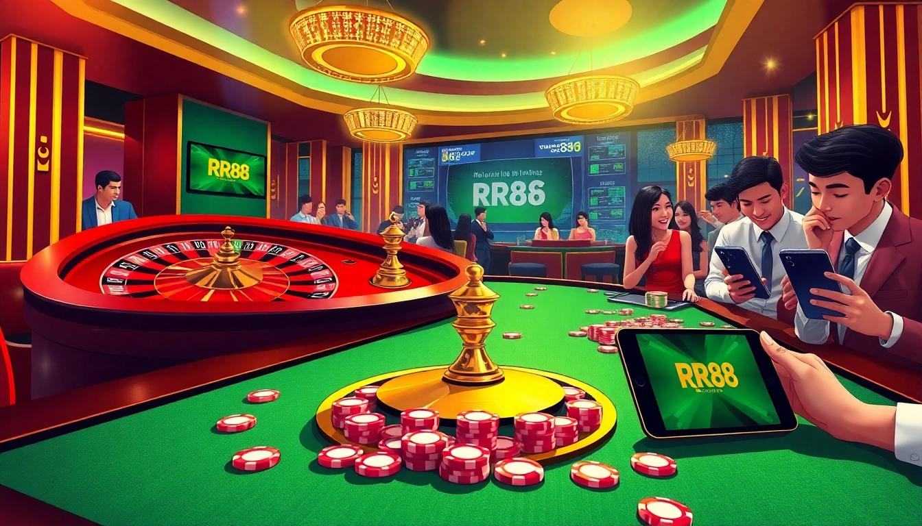 Experience RR88's thrilling casino atmosphere with spinning roulette wheels and engaging players.