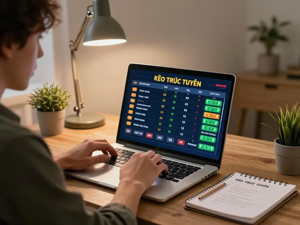KÈO TRỰC TUYẾN player engaged in online betting strategy at home desk with laptop and notes.