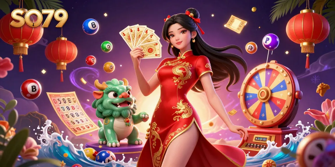 Engage in lottery fun with SO79 as a woman in vibrant attire holds playing cards amidst a dynamic casino scene.