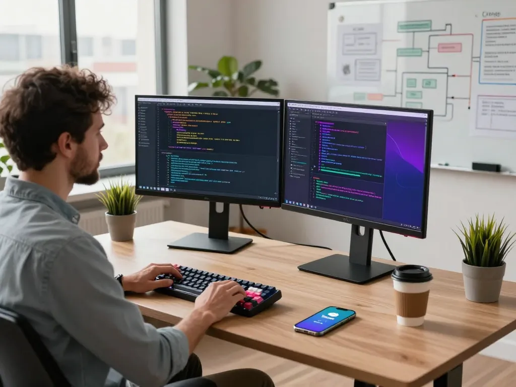 Developer using OpenClaw AI in a modern tech workspace with dual monitors and project plans.