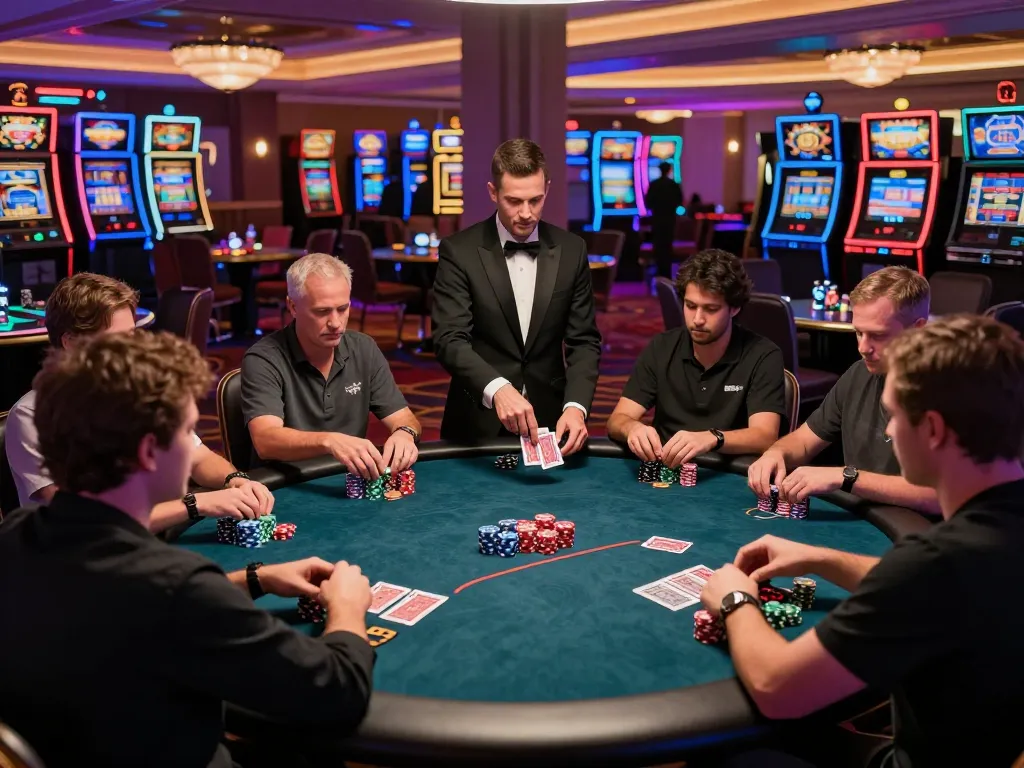 Dynamic poker gameplay at Lucky88z with players engaging, colorful casino ambiance.