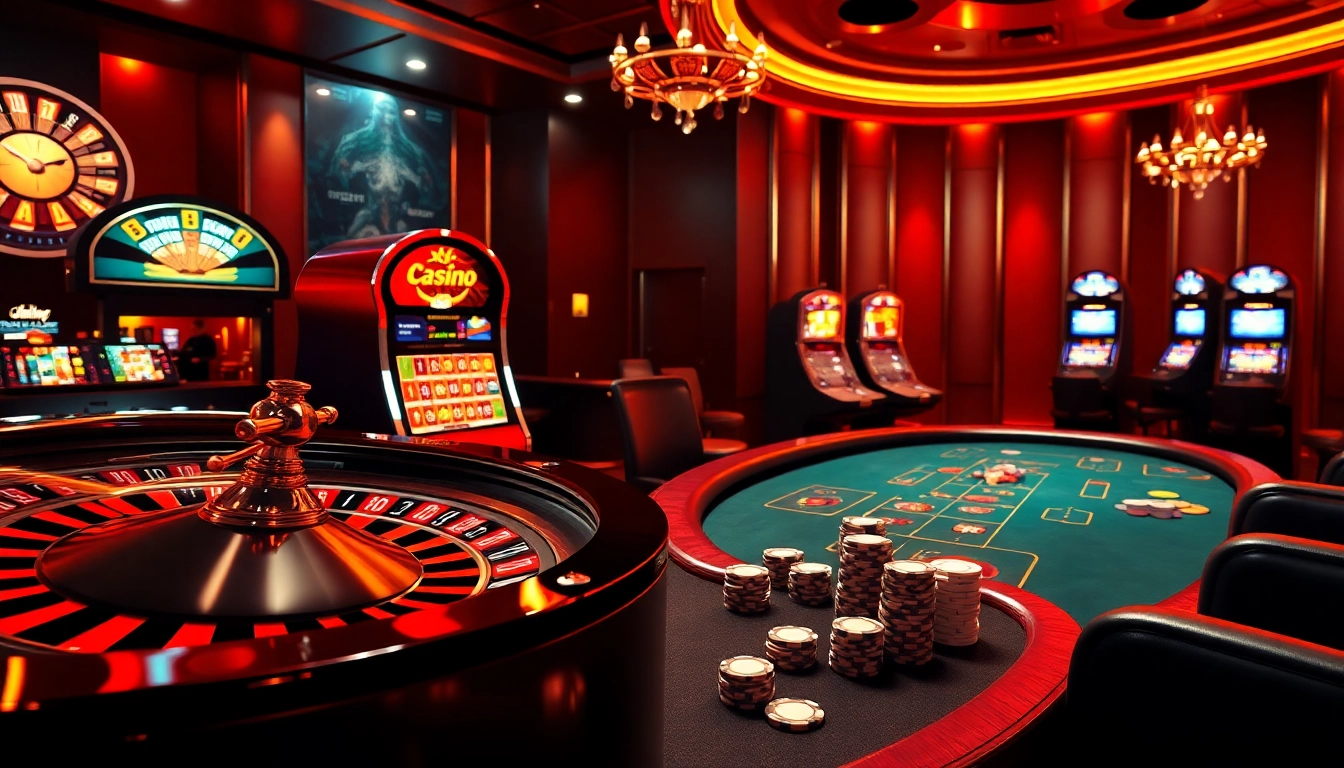A vibrant casino scene at 789club with players enjoying roulette and poker games, encapsulating excitement.