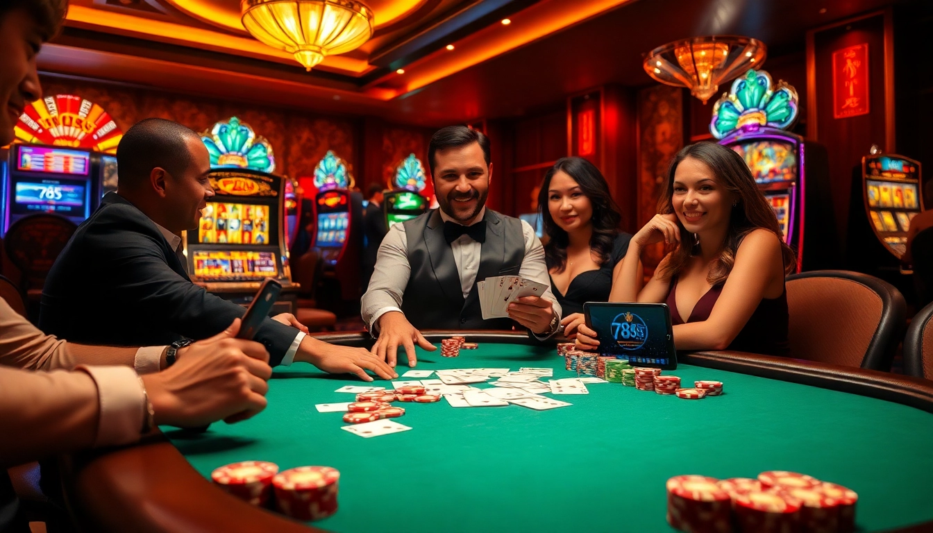 Players enjoying a thrilling game at 789bet casino table, surrounded by vibrant poker chips and slot machines.