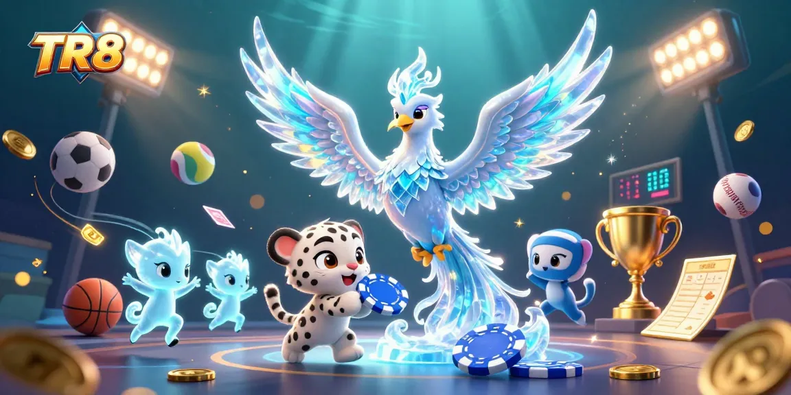 Join TR88 for thrilling casino excitement with a vibrant 3D scene of an ice phoenix and playful snow leopard.