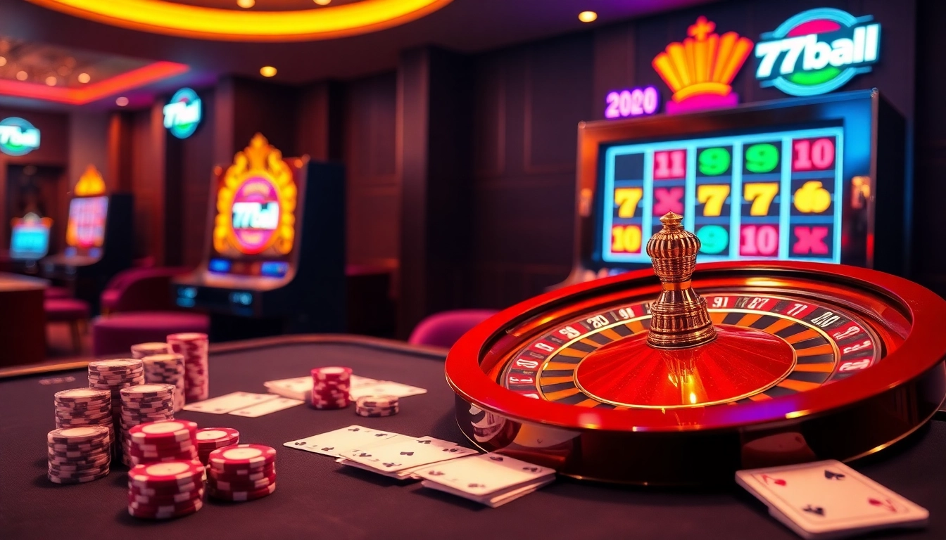 Experience the excitement of 77BALL with vibrant casino visuals featuring roulette and slot games.