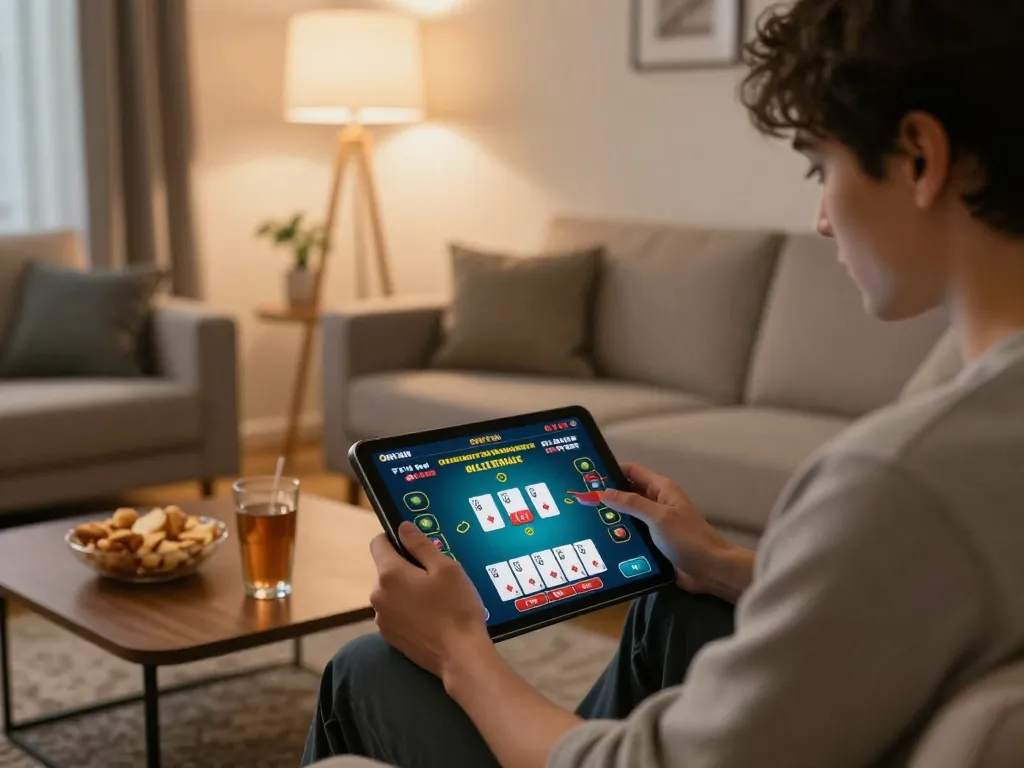 Engaging in the OKFUN online casino gaming app at home, showcasing a player immersed in responsible entertainment.
