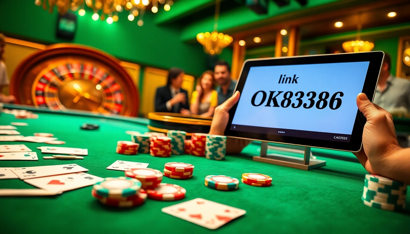 A thrilling casino scene showcasing poker play, slots, and the link OK8386 for online betting excitement.