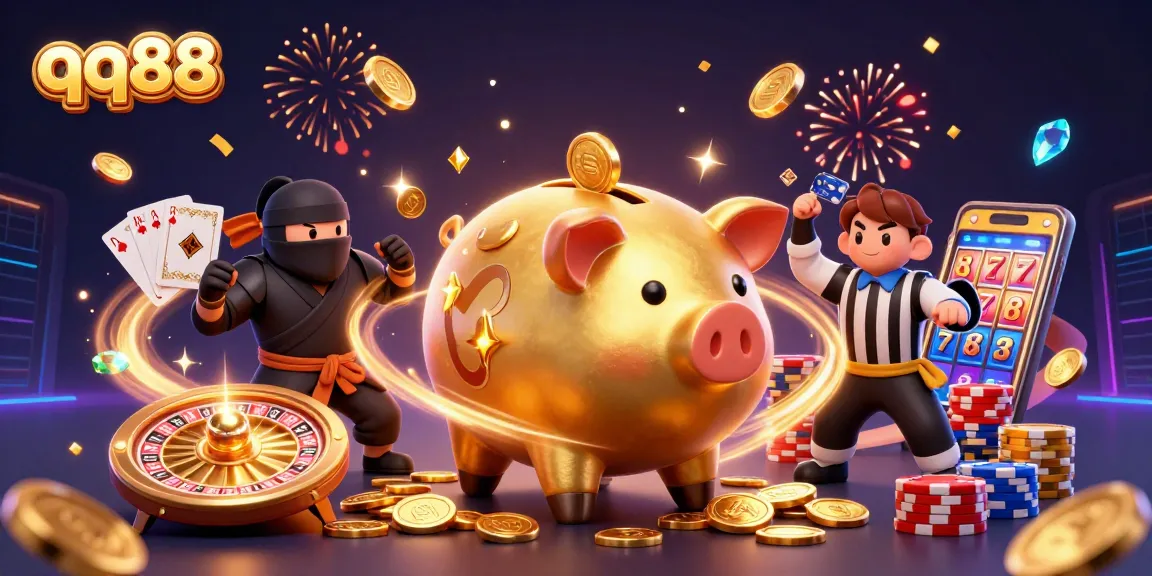Win big with qq88, featuring an epic battle between a sumo wrestler and a ninja in a dynamic casino scene.
