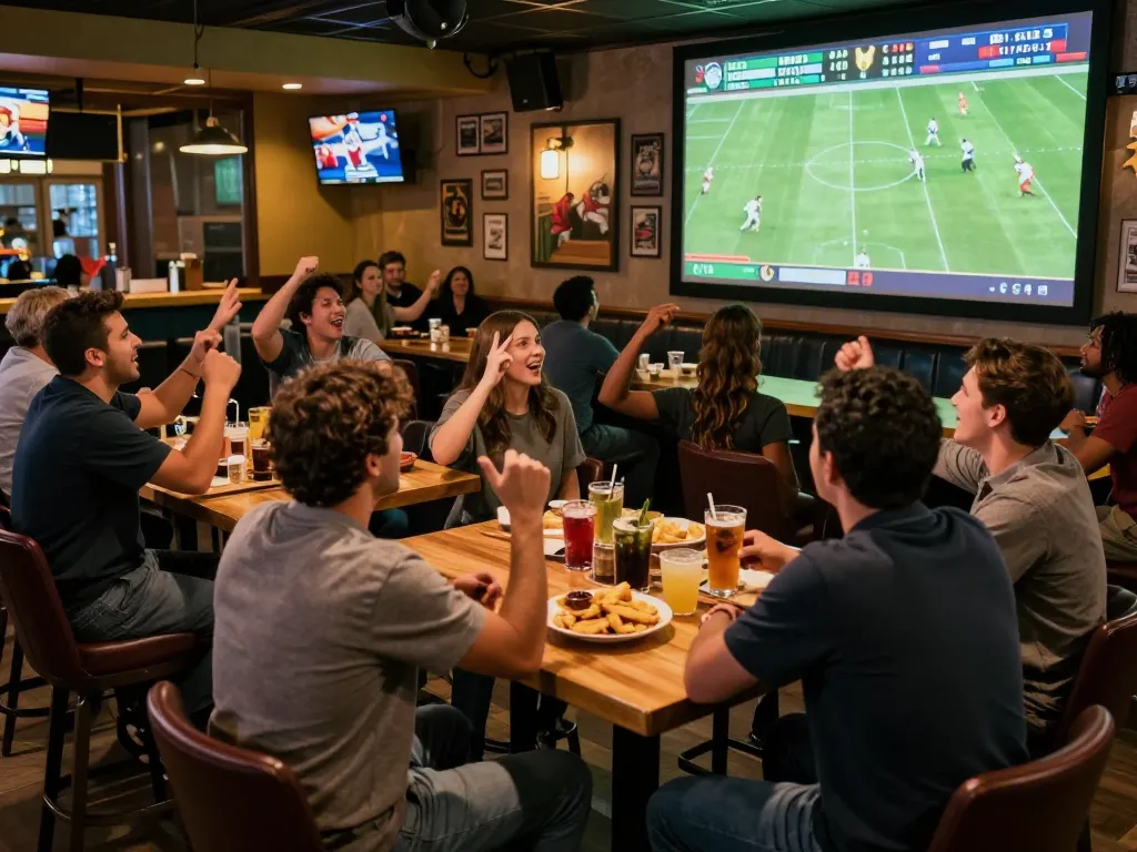 Socolive users enjoying a live football match at a sports bar, showcasing excitement during sports betting.